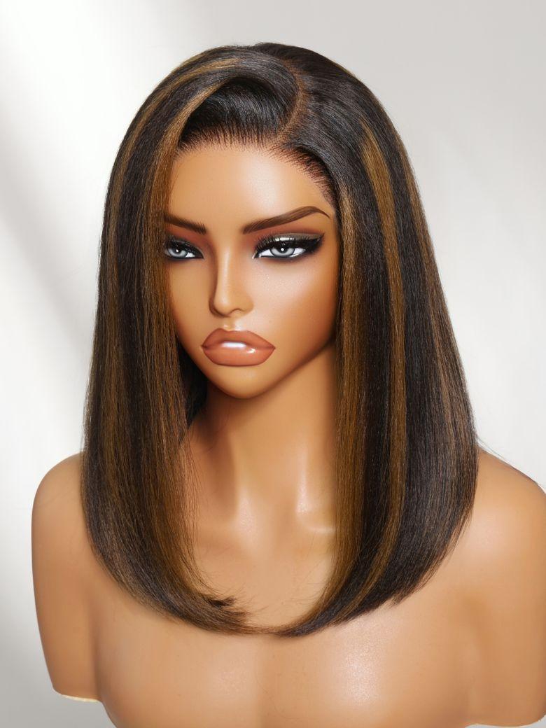 The UNice 7x5 Bye Bye Slip Lace Black with Caramel Highlights Side Part Yaki Straight wig visual image position 3 shows a wig with long hair and brown highlights |.