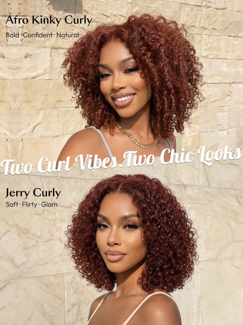 A model displays the UNice 7x5 Bye Bye Slip Wig Glueless Lace Sunset Afro Kinky Curly & Jerry Curly for, showing a model with curly hair and a white top and kinky curly.