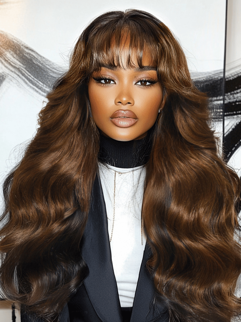 A model displays the UNice 7x5 Black Brown Money Piece Fluffy Loose Wave Curtain Bangs Wig, showing a model with long brown hair and loose wave texture, 7x5.