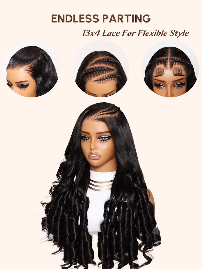 The UNice ByeBye Knots Wig 7x5 Pre-Cut Lace Honey Blonde Body Wave Wig With Bleached image highlights ENDLESSPARTING, 13x4LaceForFlexibleStyle, the full lace wig is.