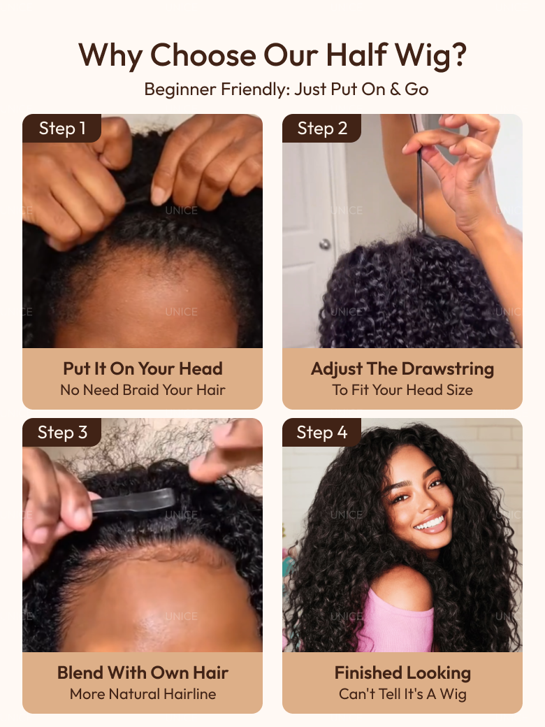 The UNice 7x5 Pre-Cut Lace 180% Density & 10 seconds flip-over Half Wig Water Wave With image highlights Why Choose Our Half Wig?, BeginnerFriendly:JustPutOn&Go, Step1.