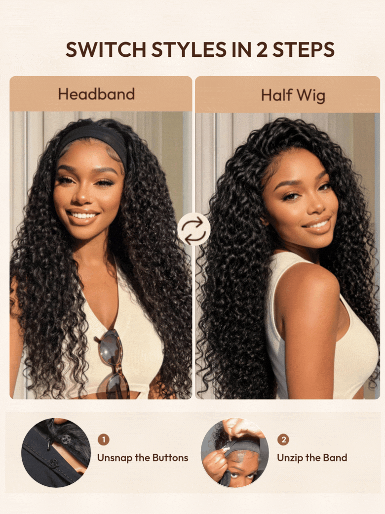 UNice 2-In-1 Switch™ Black Water Wave Breathable Headband Wig with Invisi Drawstring