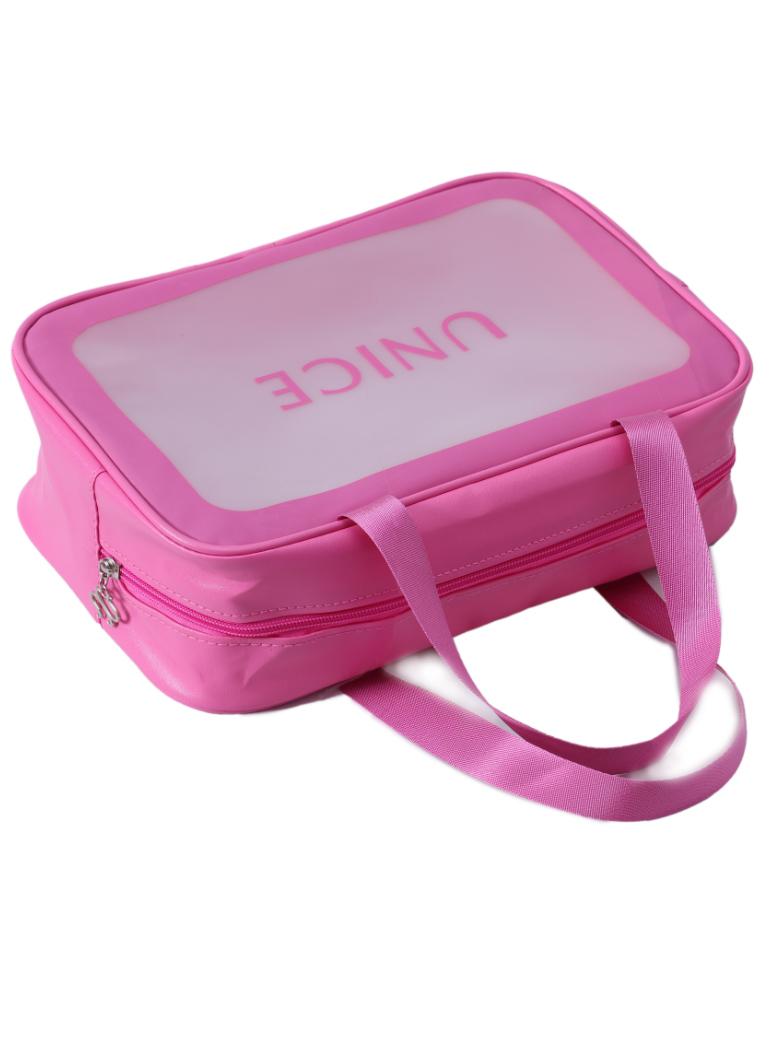 The UNice Bubble Gum Pink Wash Bag Makeup Bag image highlights UNICE and a pink lunch bag with the word ' i ' on it.