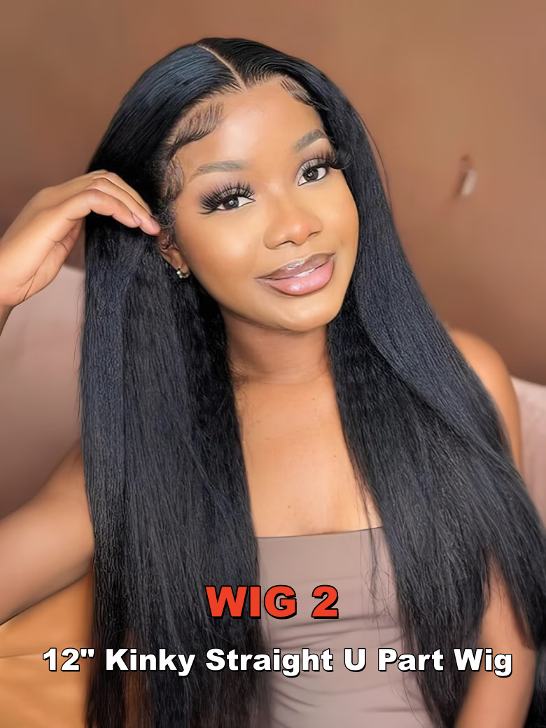 A model displays the UNice TWO wig $99 13x5x0.5 Middle Part Highlight Body Wave & Kinky Straight Real, showing virgin virgin hair straight straight straight straight.