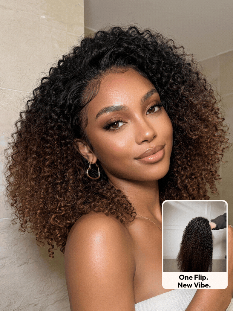 A model displays the UNice Price Drop UNice Versatile 2-in-1 Black to Brown Ombre Turn-Around Kinky Curly, showing a model with curly hair is holding a camera and kinky.