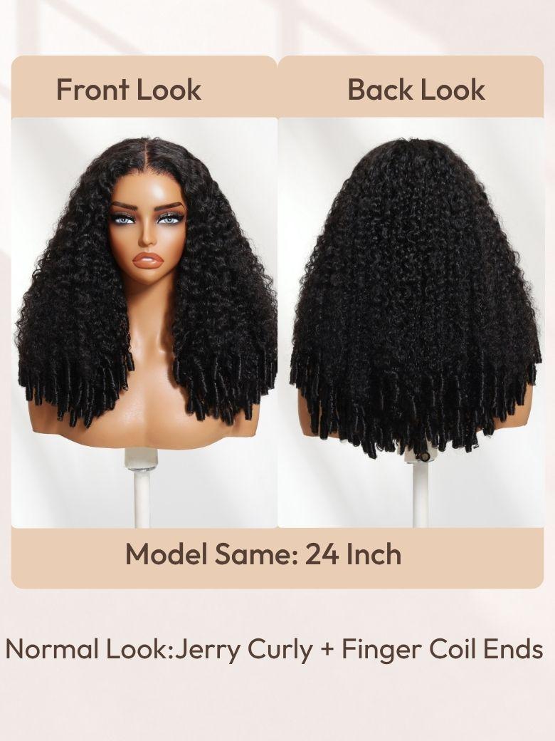 UNice 24-inch jerry curly human hair wig: comparison of front and back looks featuring all-around finger coil ends.