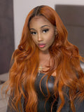 A model displays the UNice #30 Colored Hair Bundles 1 Bundle 100g Remy Hair Extensions Brown Color Body, showing a model with long red hair and a black top and body wave.