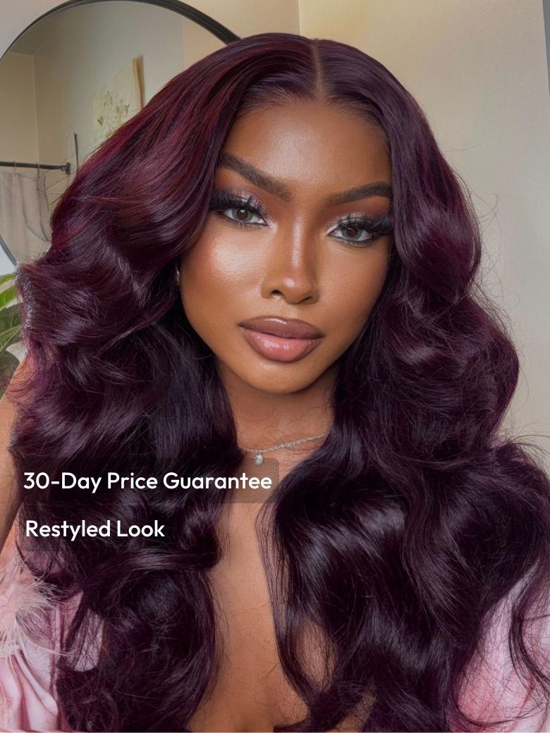 The UNice 7x5 Byebye Knots Lace Black Cherry Layered Straight Hair Wig 150% Density visual image position 3 shows a model with long dark purple hair wearing a pink top |.