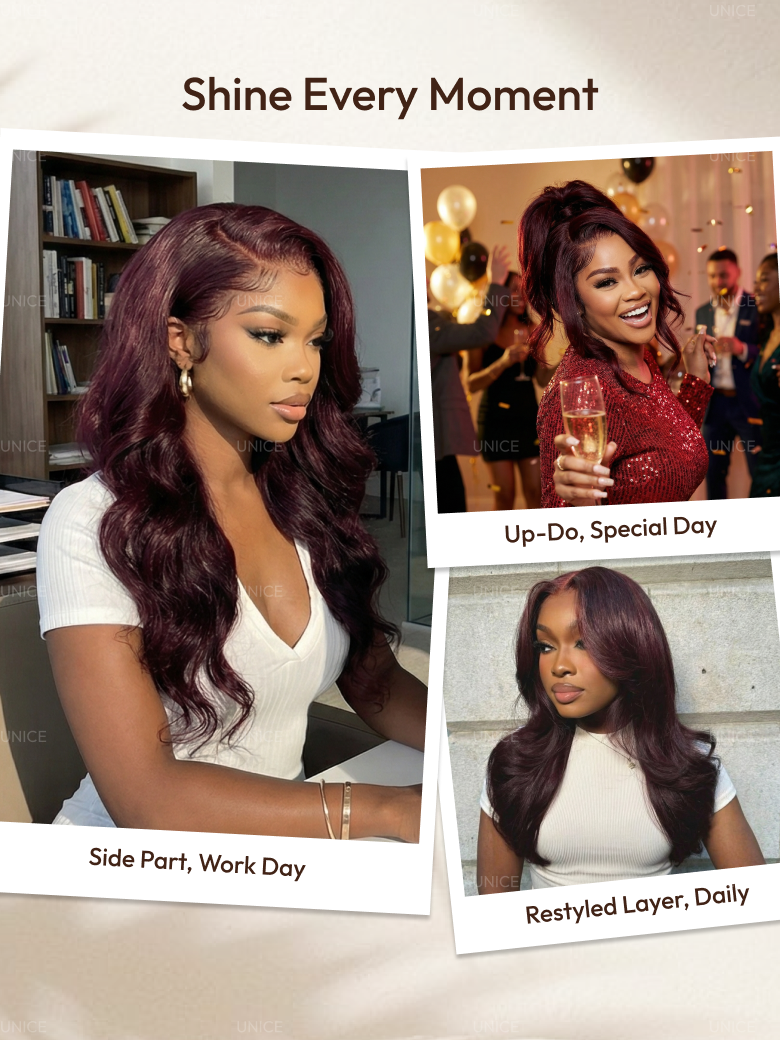 A model displays the UNice 7x5 Bye Bye Knots Purple Black Cherry Loose Wave Invisi Drawstring Wig, showing a model with long hair and a white shirt and loose wave.