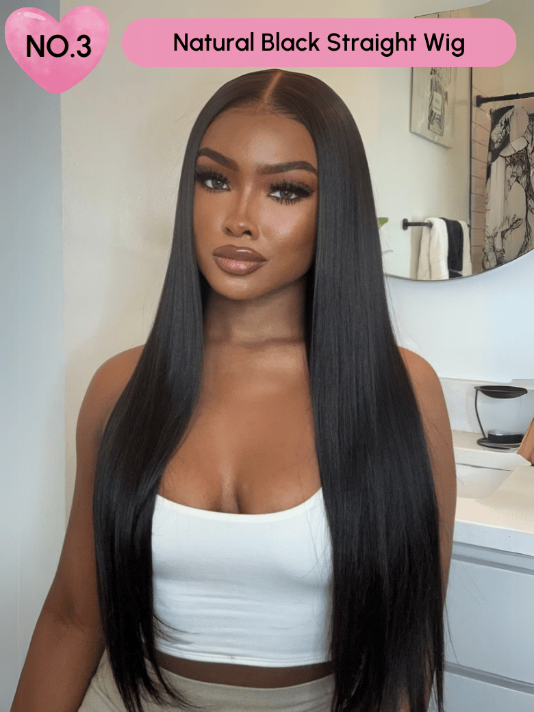 A model displays the UNice 24 Inch 180% Density 13x4 Lace Frontal Wig Last Chance Sale wig, showing a model with long black hair and a white top and 13x4, lace finish.