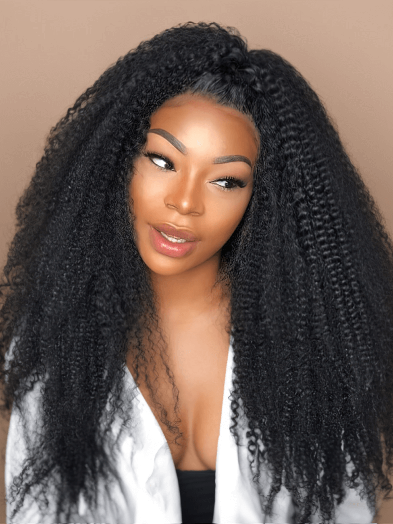 A model displays the UNice Hair Virgin Human Hair Kinky Curly Hair 3 Bundles, showing a model with long curly hair and kinky curly texture, curly texture.