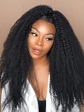 A model displays the UNice Hair Virgin Human Hair Kinky Curly Hair 3 Bundles, showing a model with long curly hair and kinky curly texture, curly texture.