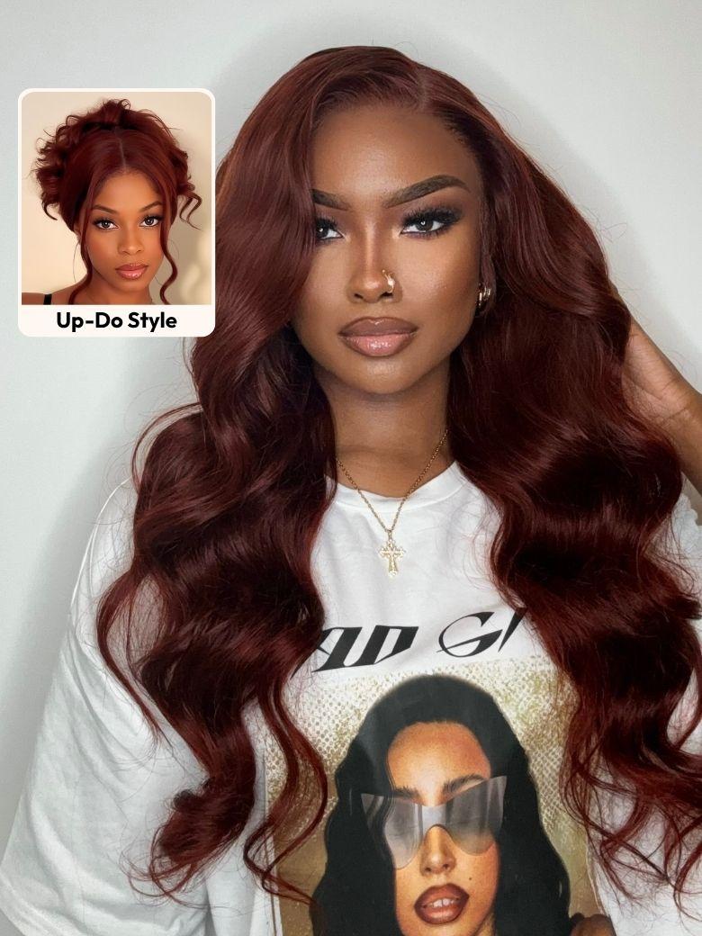 A model displays the UNice 7x5 Bye Bye Slip Wig Glueless Lace 150% density Flattering Sun-Kissed Warm, showing a model with long red hair wearing a white shirt and body.