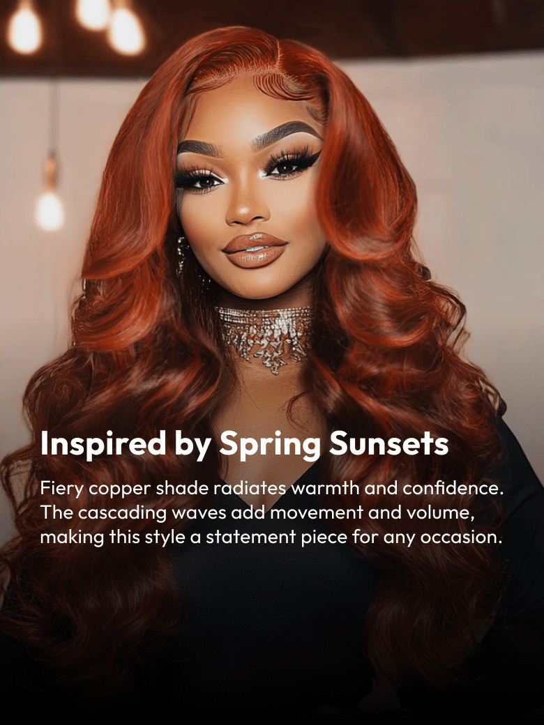 The UNice 7x5 Bye Bye Knots Red Orange Highlights Lace Wig with Face Framing Layers visual image position 5 shows a model with long red hair and a black top | loose wave.