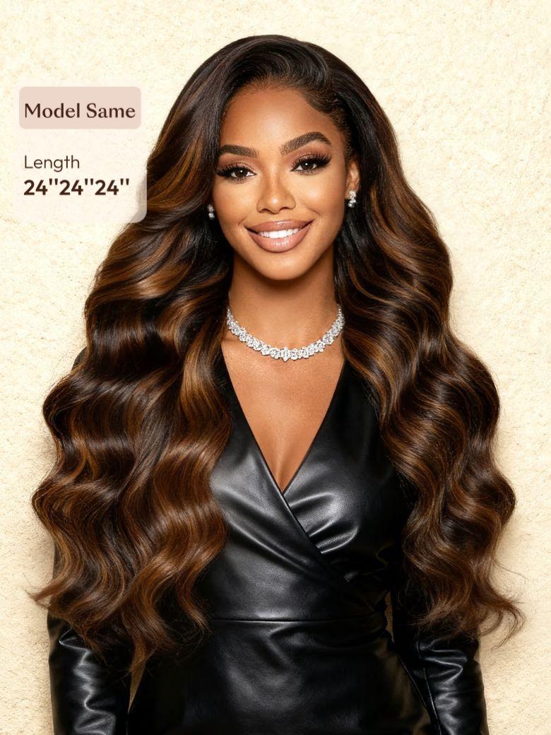 A model displays the UNice #FB30 Brown Balayage Highlight Human Hair 3Pcs Body Wave Human Hair Bundles, showing model model long wavy wig and body wave texture.