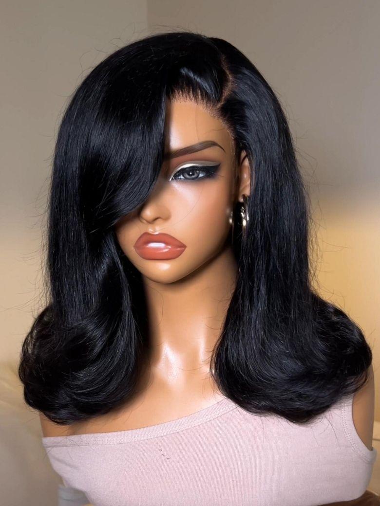 A model displays the UNice Allofdestiny Same UNice Bye Bye Slip 6x4 Glueless Lace "C" Side Part Loose wig, showing a model is straightening her hair with a brush.