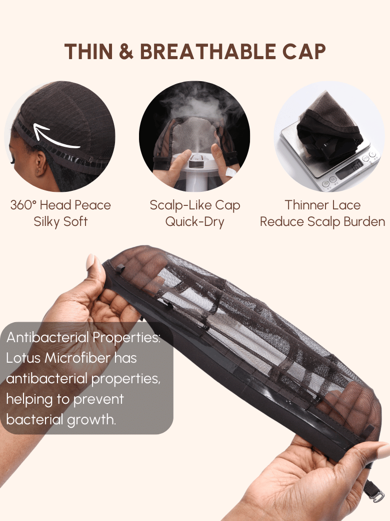 UNice thin and breathable cap infographic showcasing the 360 Head Peace, quick-dry scalp-like cap, and thinner lace.
