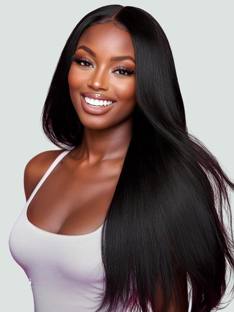 A model displays the UNice Fit All Head Size UNice EasiContour V Part Glueless Yaki Straight Wig Invisi, showing a model with long black hair and straight texture, yaki.