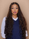 A model displays the Unice #FB30 Brown Balayage Jerry Curly 1 Piece Human Hair Bundle, showing a model with long curly hair wearing a blue vest and jerry curl texture.