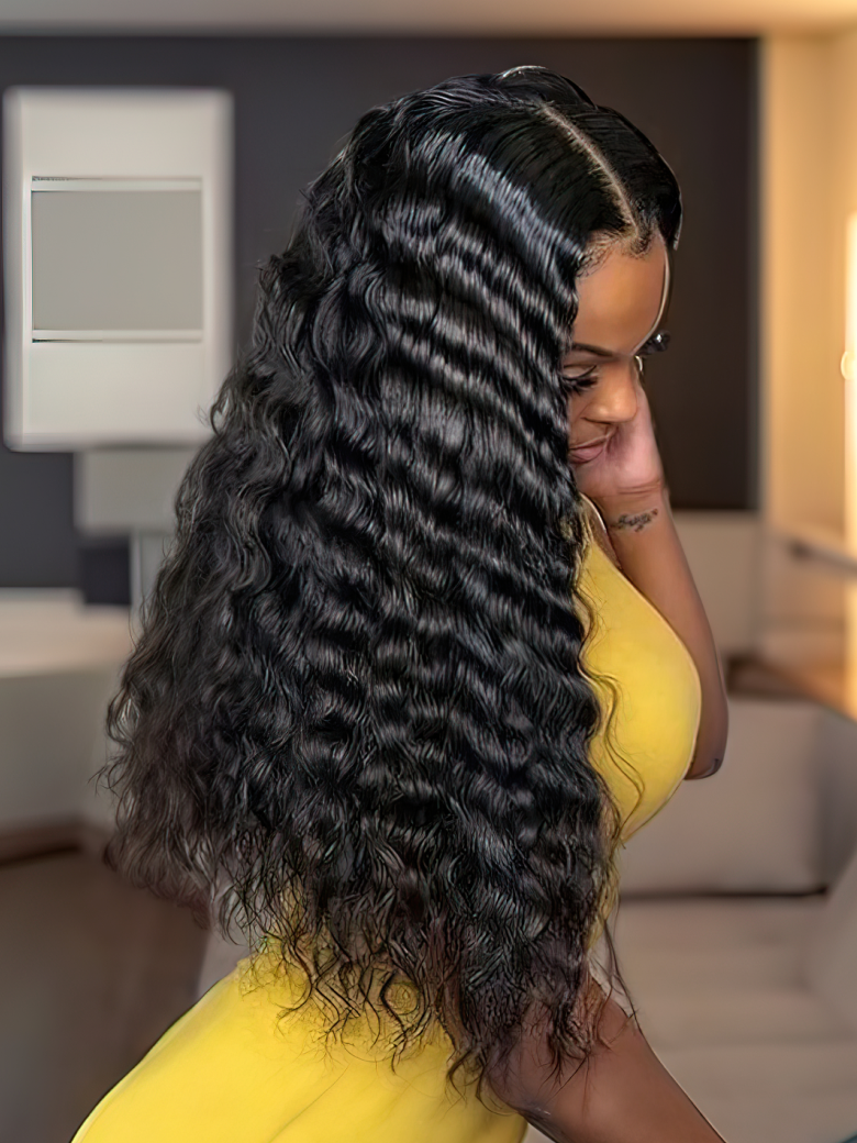 A model displays the UNice Loose Deep Wave Human Hair 3 Pcs Bundles, showing a model with long black hair and deep wave texture, bundle fullness.