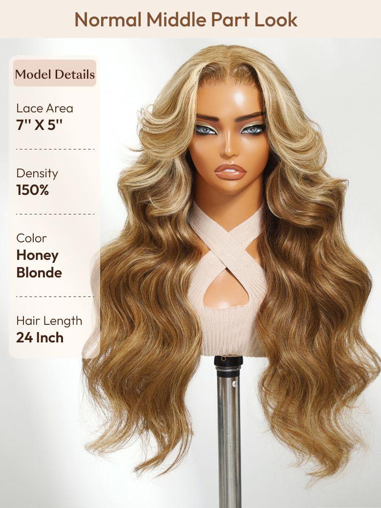 The UNice 7x5 Glueless Lace Bye Bye Knots Wig Pre-Cut Honey Blonde Body Wave Wig image highlights Normal MiddlePart Look, Model Details, LaceArea, 7"X5", a wig with long.