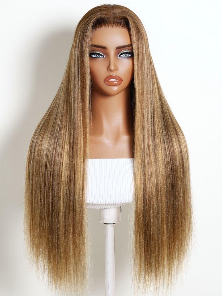 A model displays the UNice 13x4 Bye Bye Slip Lace Frontal Soft Ombre Caramel Brown Balayage Body Wave Wig, showing a wig with long wavy hair and a brown wig and body.