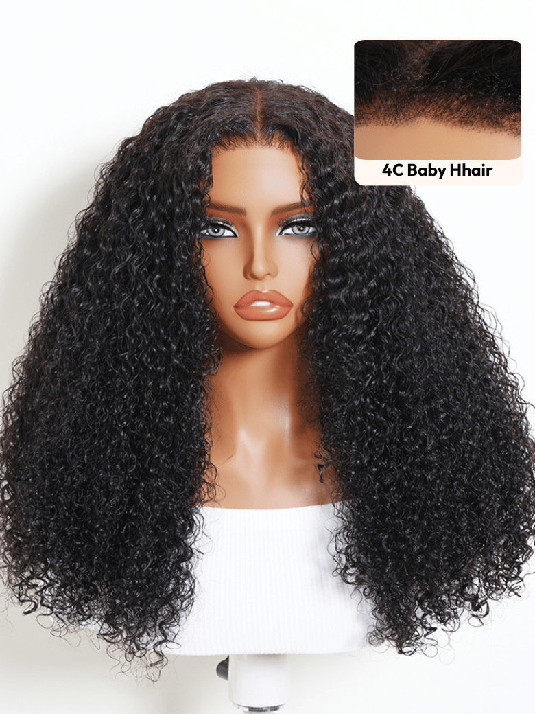 A model displays the UNice 7x5 Lace Bye Bye Slip Glueless Wig Black Kinky Curly Wig With 4C Baby Hair, showing a model with curly hair and a blue top and kinky curly.