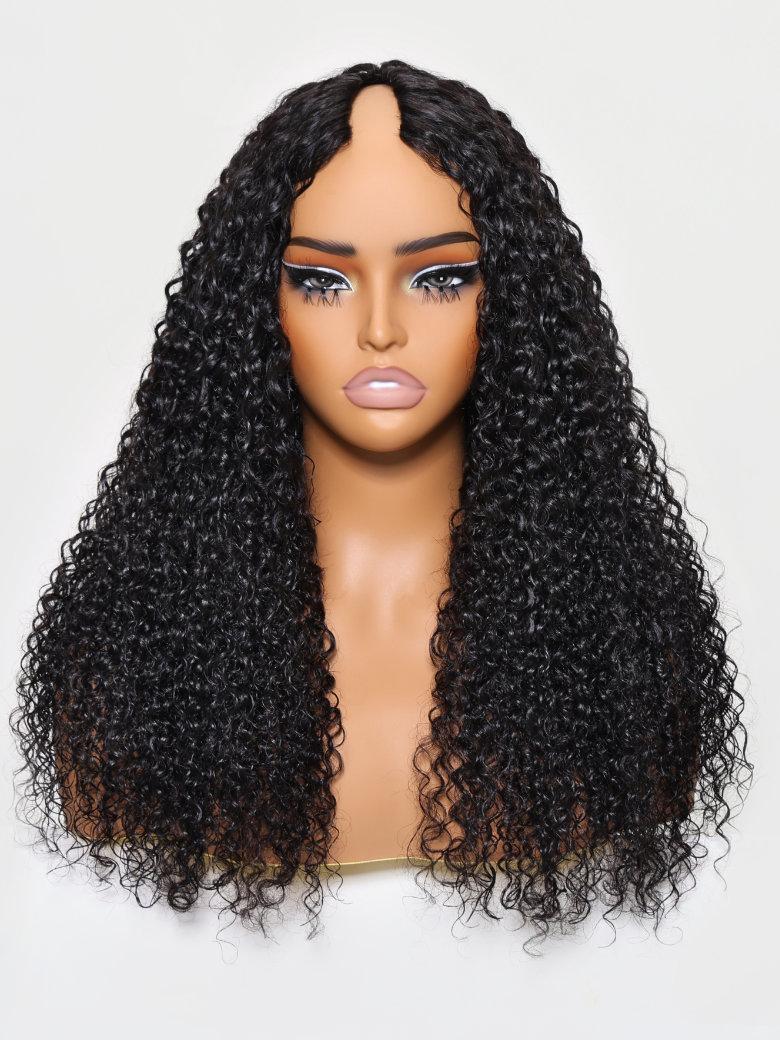 The UNice EasiContour V Part Minimal Glueless Curly Glueless Wig Invisi Drawstring Human product image shows a wig with curly hair on a mann and curly texture, glueless.