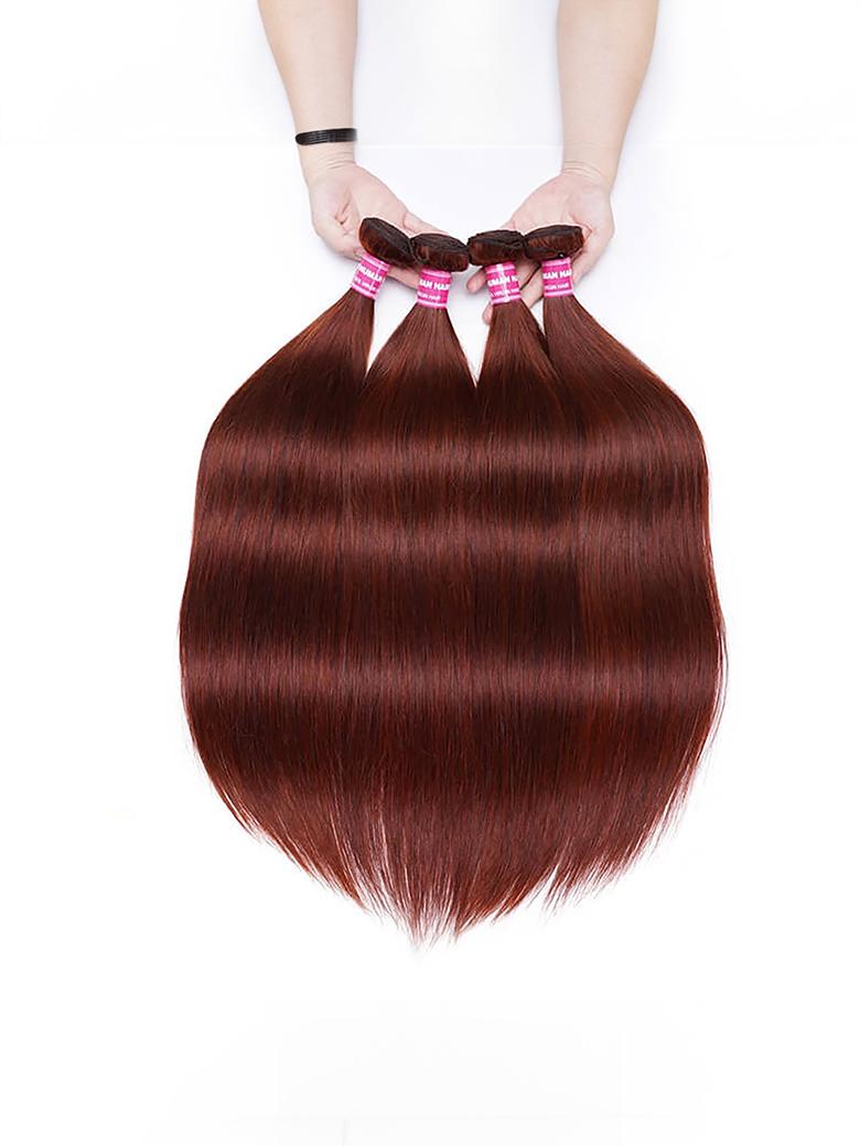A model displays the UNice Vibrant Reddish Brown Silky Straight 4Pcs 100% Remy Human Hair Bundles Deal, showing a woman holding a piece of hair and straight texture.