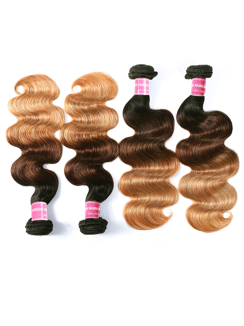 The UNice Brazilian Ombre 4Pcs Body Wave Remy Human Hair Bundles image highlights NHUMA, 00%V, VIRGIN, HUMA, three bundles of blonde hair on a white background and body.