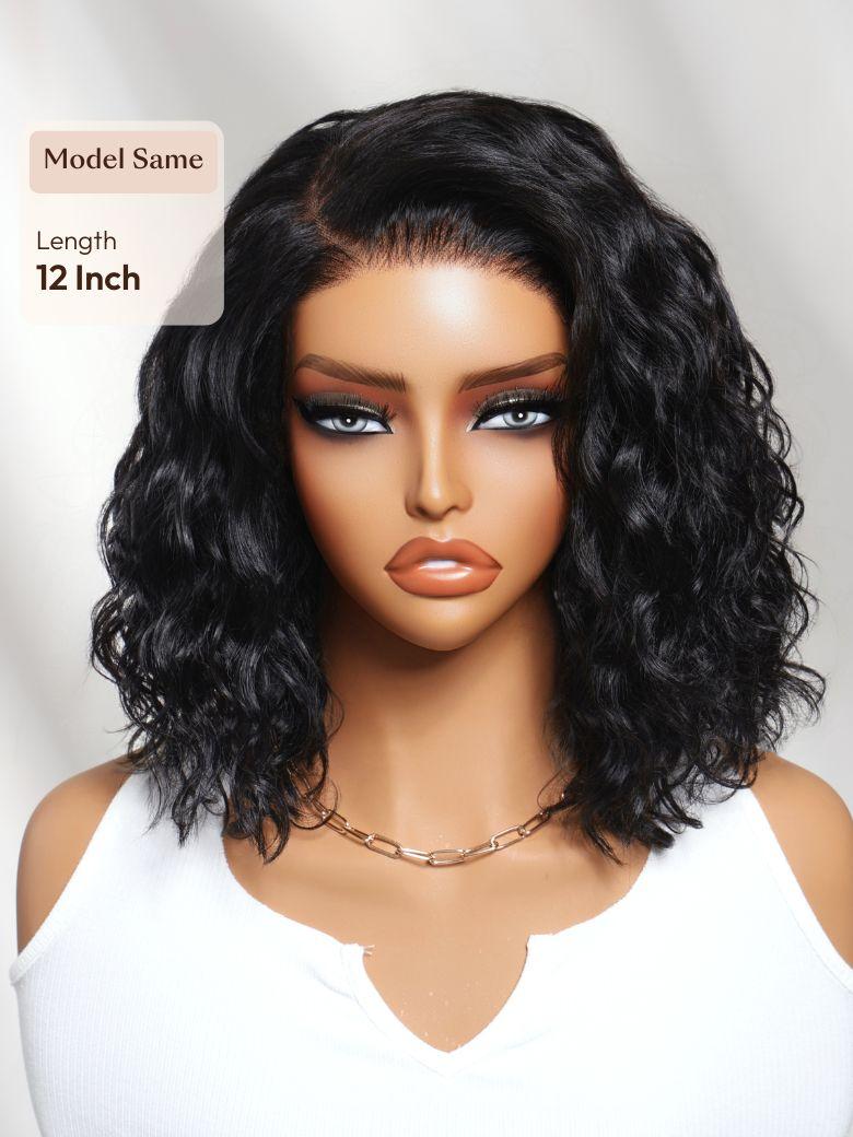 A model displays the UNice Bye Bye Slip 6X4 Glueless Lace "C" Side Part Loose Wavy Bob Drawstring Wig For, showing a model with long black curly hair and 6X4, glueless.