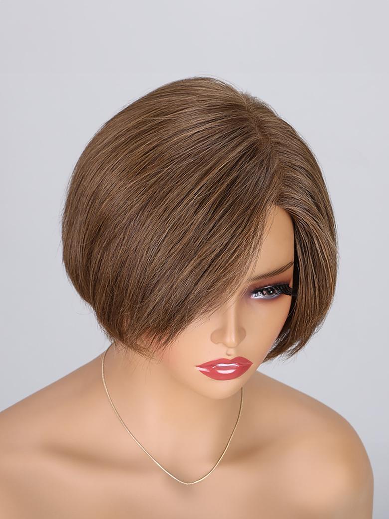 The UNice Graceful Resolute Monofilament Semi Hand Tied Chocolate Mix Short Hair Wig product image shows a manne with a brown wig and a necklace.