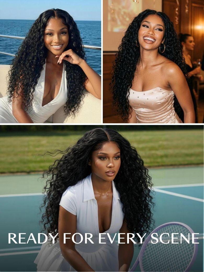 A model displays the UNice 7x5 Bye Bye Slip Glueless Water Wave Drawstring Wig With Baby Hair, showing a model with long curly hair and a white shirt and water wave.