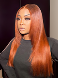 A model displays the UNice 26" Burnt Orange 13x4 Lace Front Wig 200% Density With Butterfly Wolf Layered Cut, showing a model with long red hair and a black top.
