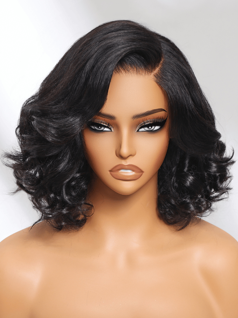 The UNice 13x4 Lace Front 200% Density Big Loose Wave Black Shoulder Length Wig product image shows a manne with a black wig and a brown wig and loose wave texture.