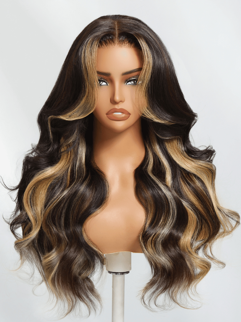 The UNice 7x5 Bye Bye Knots Wig Lace Loose Wave Butterscotch Highlights Brown 150% Density product image shows a wig with long wavy hair and brown and blonde.