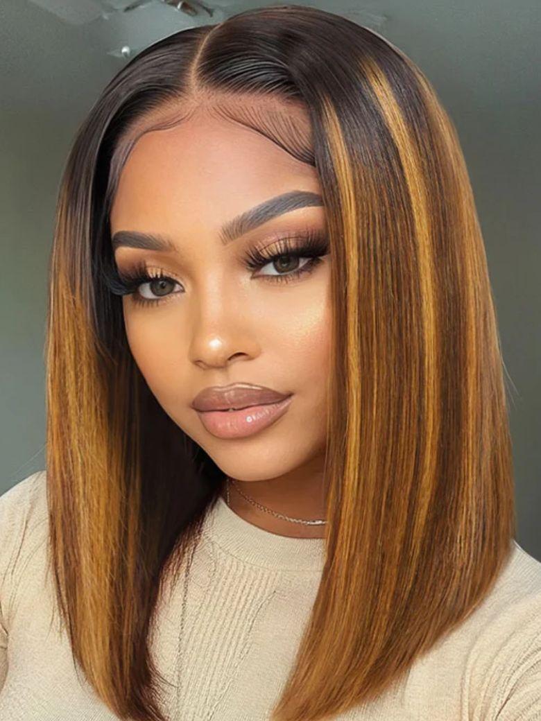 A model displays the UNice Bye Bye Knots 7x5 Lace Brown With Blonde Piano Highlights Blunt Bob Wig with, showing a model with long brown hair and a blonde bob bob bob.