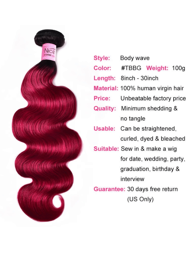The UNice Pre-Colored Human Hair Weave #TB Burgundy Color Body Wave & Straight Hair bundles image highlights cenu, Style, Bodywave, Color, om red body wave hair.