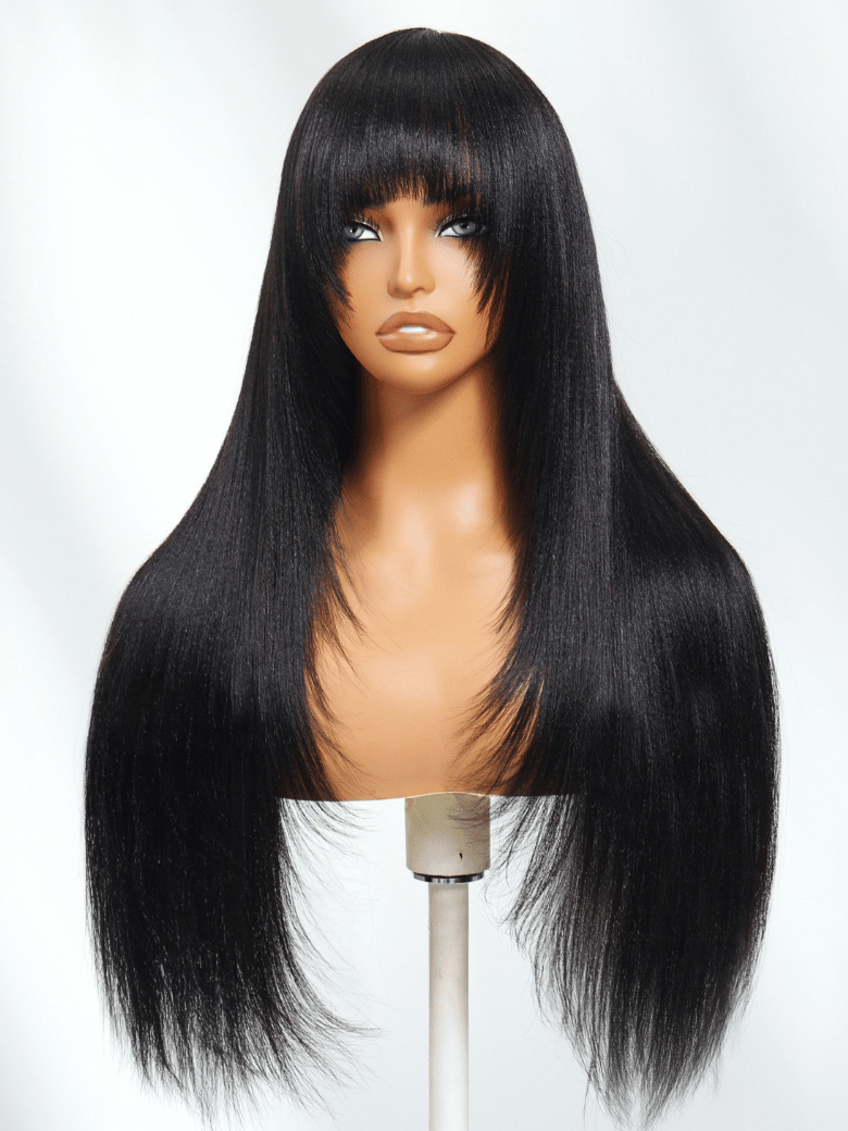 The UNice Black Yaki Texture Human Hair Glueless Wig with Blunt Bangs product image shows a black wig with long hair on a mann and yaki texture, glueless wear.