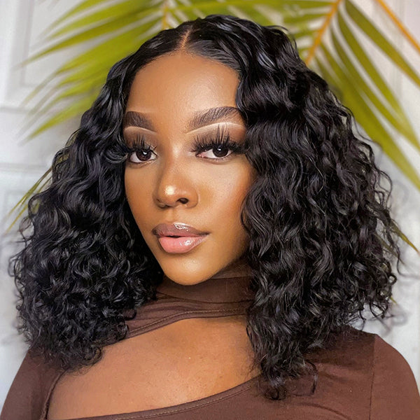 Casual Natural Black Curly 4x4 Closure Lace Glueless Mid Part Shoulder Length Wig 100% Human Hair