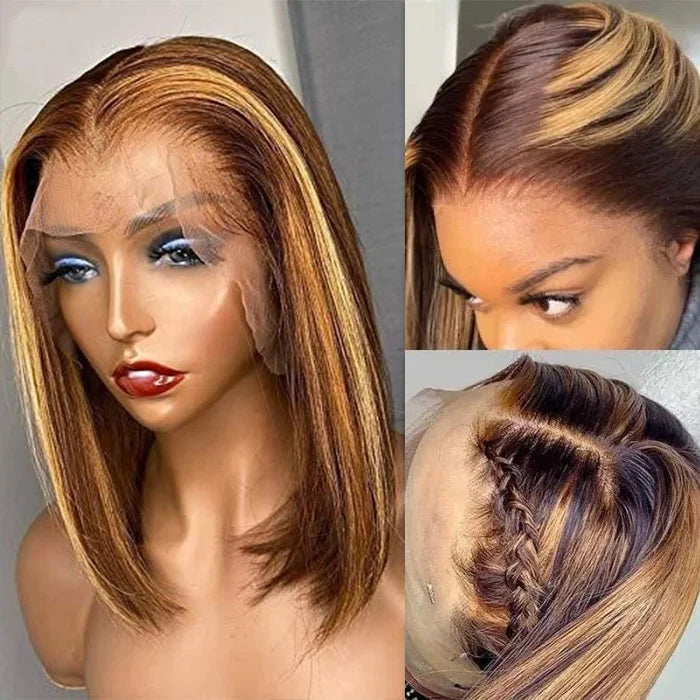 DD Highlight 13x4 Lace Full Frontal bob Wig Pre Plucked Human Hair Piano Color