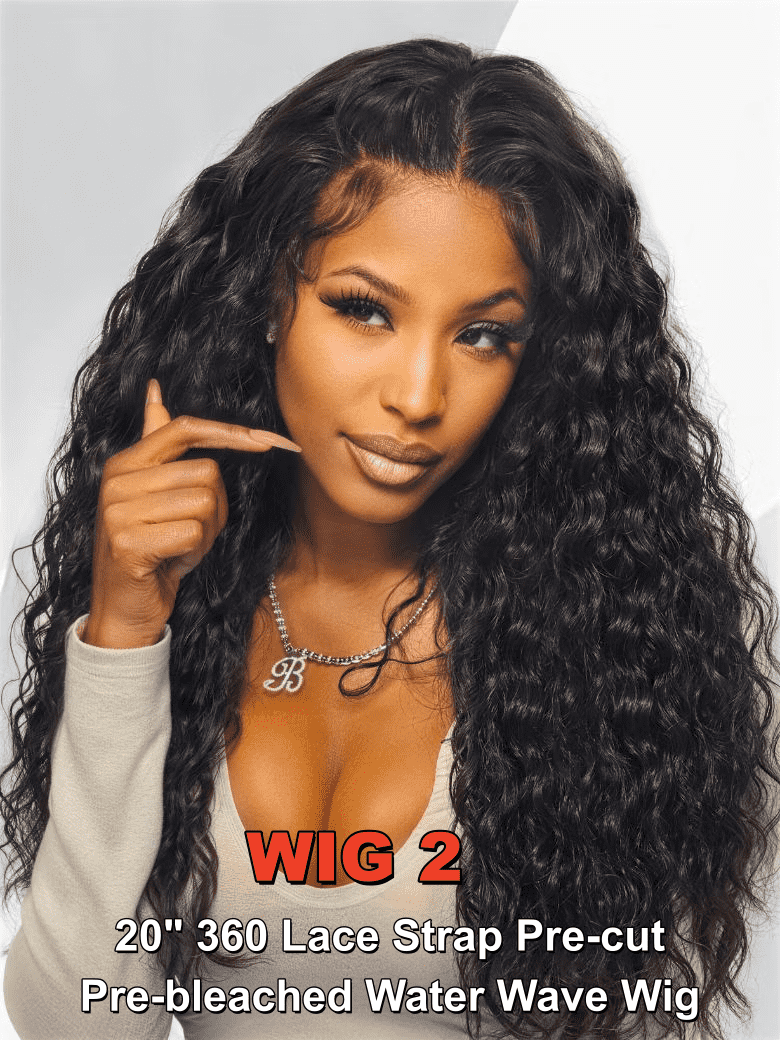 A model displays the UNice 2 wig Start for 20"-22" Lace wig And 13x4 Pre-Everything Drawstring Brown, showing a model with long curly hair and a white shirt.