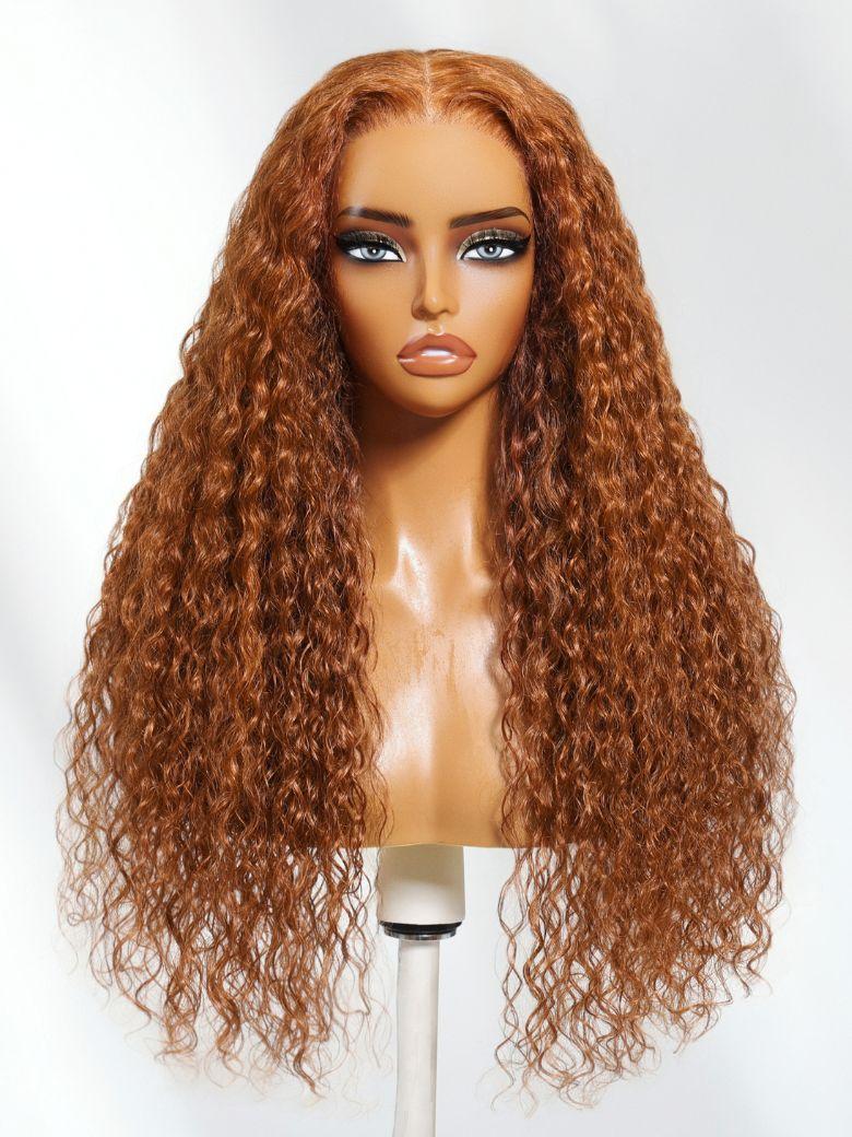 The UNice Limited Quantity Pumpkin Spice 13x4 Pre-Everything Lace Frontal Side Part product image shows a wig with long curly hair on a mann and loose wave texture.