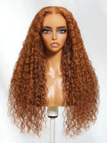 The UNice Limited Quantity Pumpkin Spice 13x4 Pre-Everything Lace Frontal Side Part product image shows a wig with long curly hair on a mann and loose wave texture.