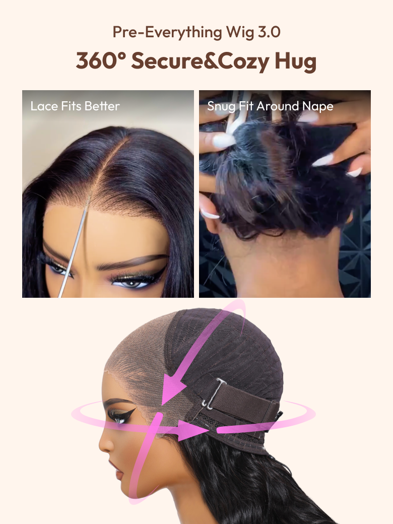 A model displays the UNice Pay 24" Get 26" 13x4 Pre-Everything Transparent Lace Front 3D Bouncy Body Wave, showing a model with a wig and a wig with a hair clip and body.