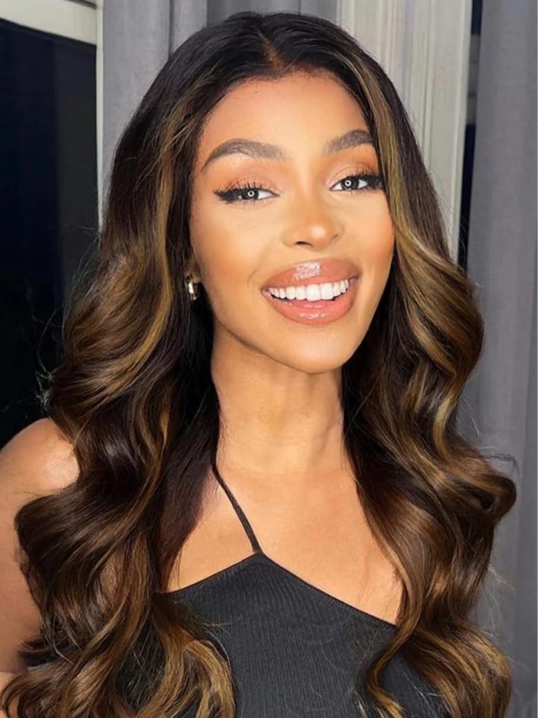 A model displays the UNice Resilient Body Wave Human Hair Weave #FB30 Super Human Hair Bundles 1 Bundle Deals, showing a model with long brown hair and a black top.