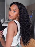 A model displays the UNice 7x5 Bye Bye Knots & 13x4 Pre-Everything Lace Frontal Natural Black Water Wave, showing a model with long curly hair wearing a white top.