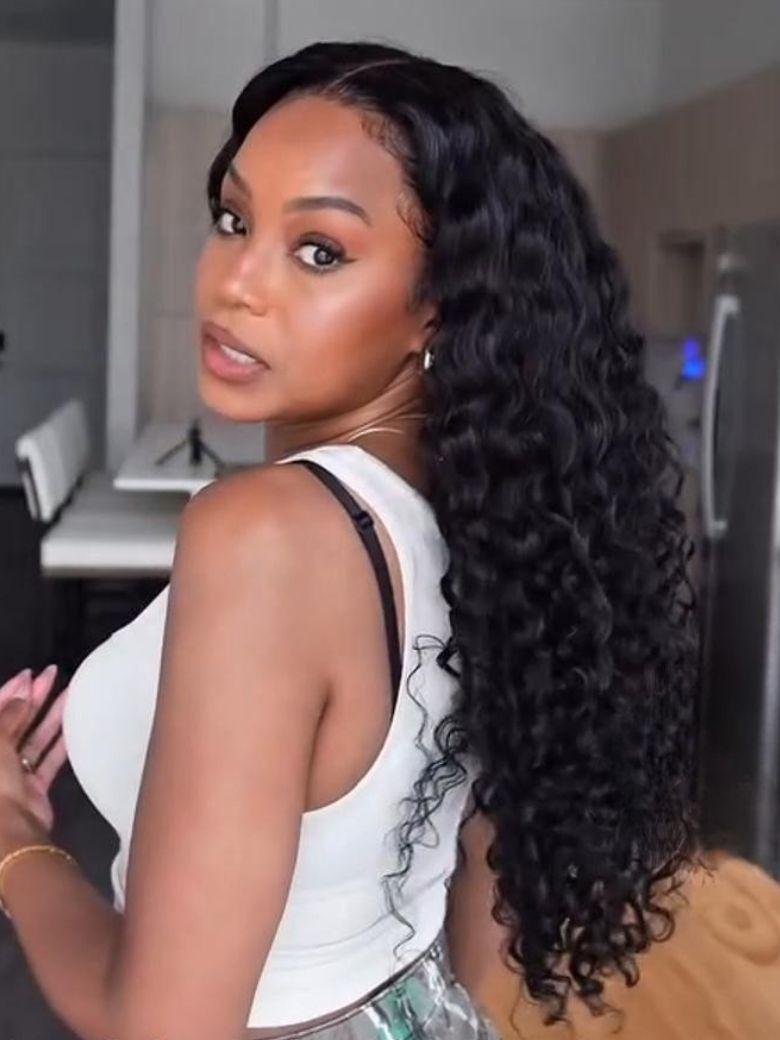 A model displays the UNice 7x5 Bye Bye Knots & 13x4 Pre-Everything Lace Frontal Natural Black Water Wave, showing a model with long curly hair wearing a white top.