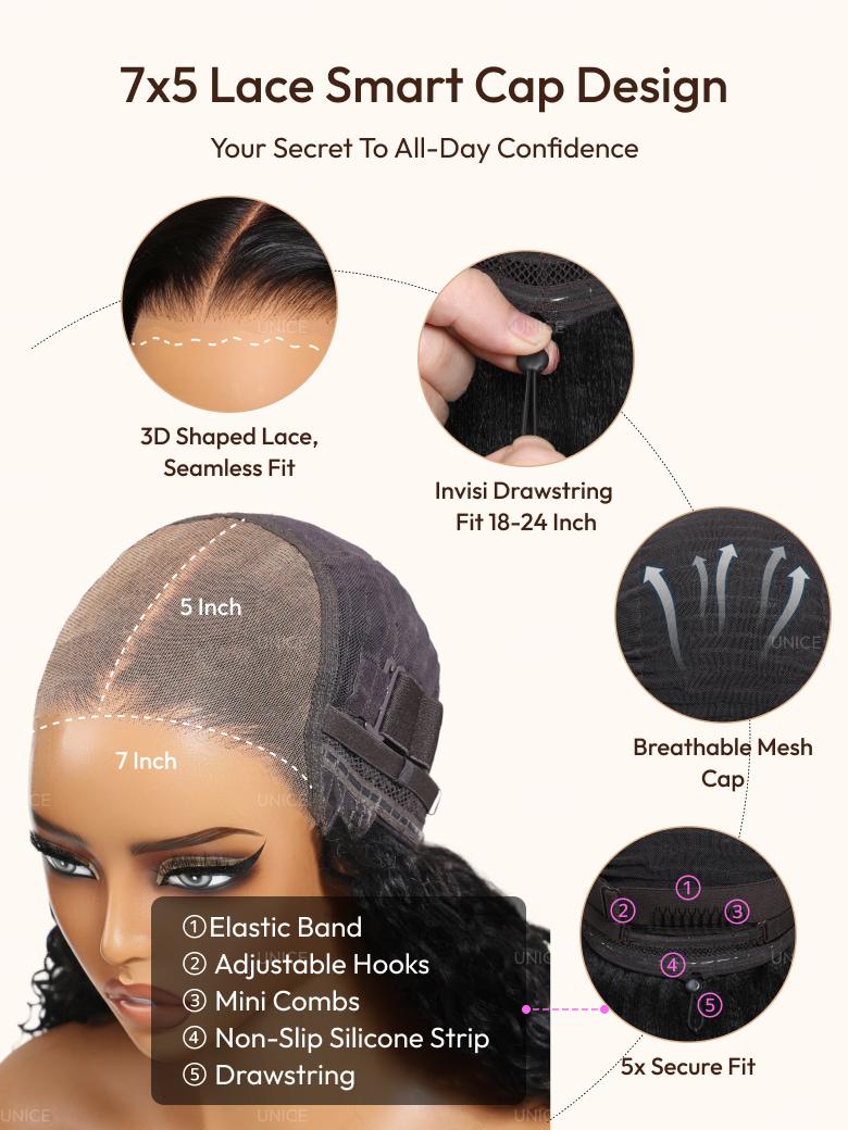 The UNice 18"-22" UNice Bye Bye Knots 7x5 Lace Multi Textured Water Kinky Curly Wig with image highlights 7x5 Lace Smart Cap Design, YourSecretToAll-DayConfidence, 3D.