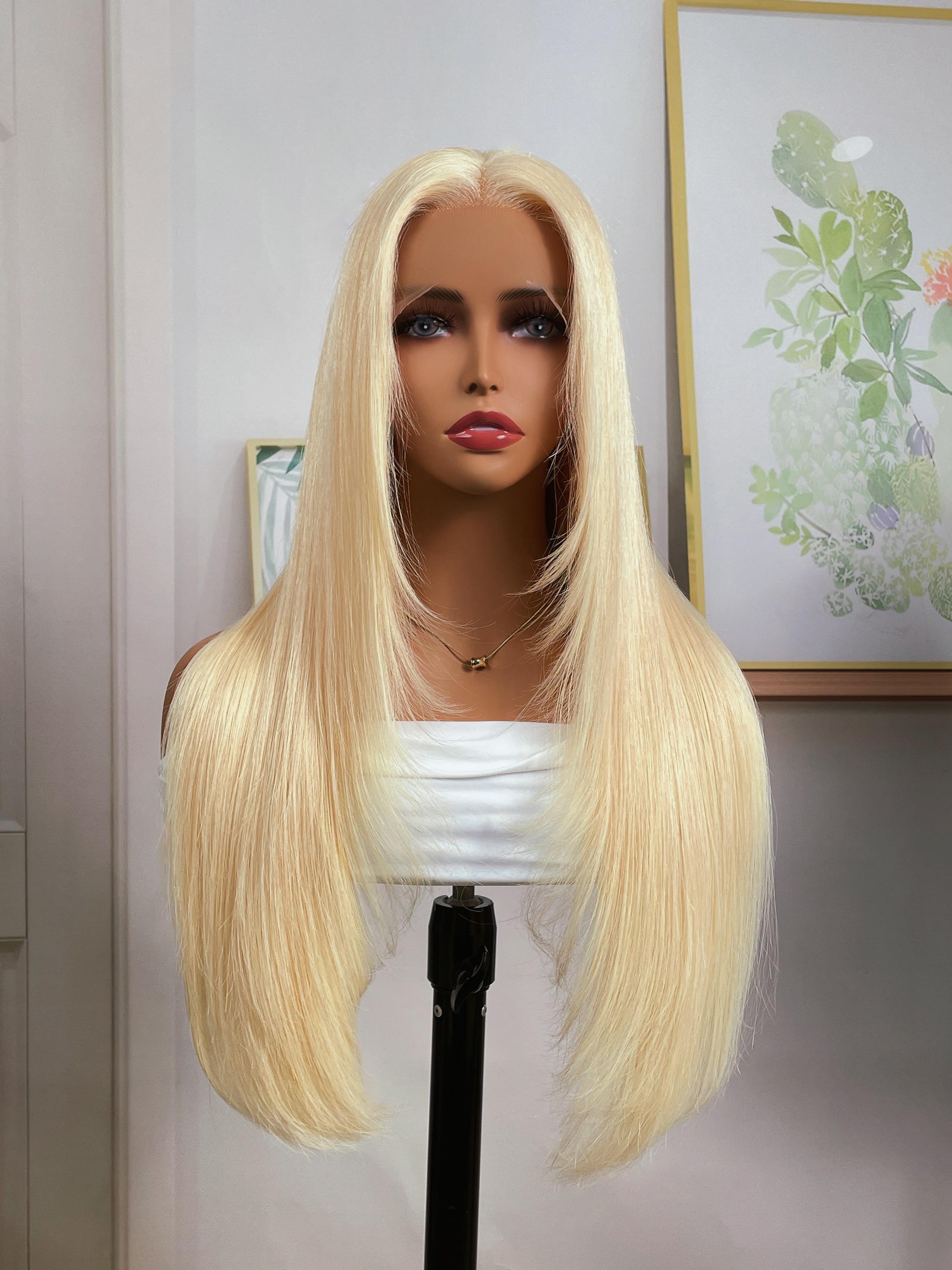 The UNice 180% High Density 13x4 Lace Front Straight Hair Wig Layered Butterfly Haircut product image shows a wig with blonde hair on a mann and straight texture, 13x4.